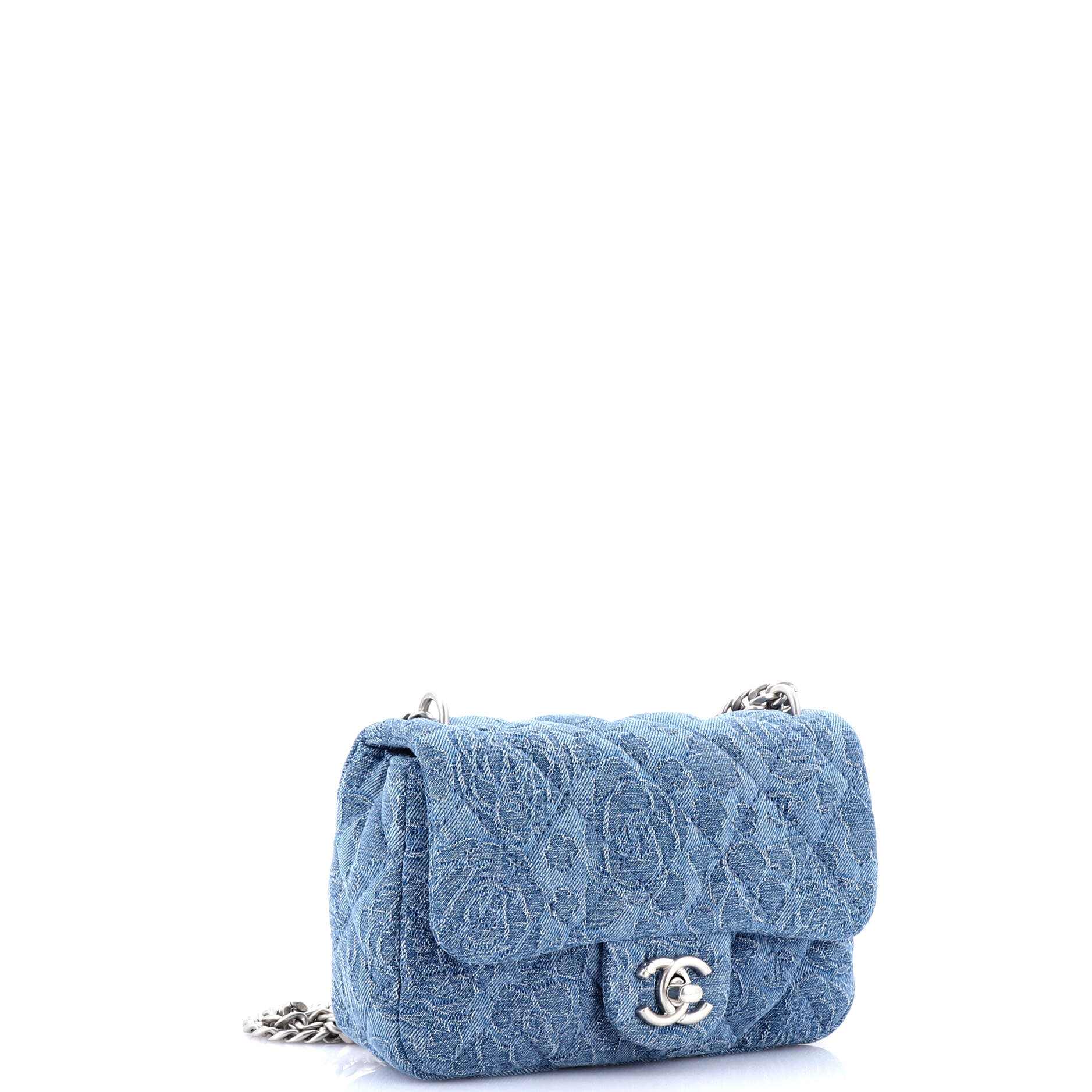 Chanel Sweet Heart Chain Square Flap Bag Quilted Camellia Denim Mini
