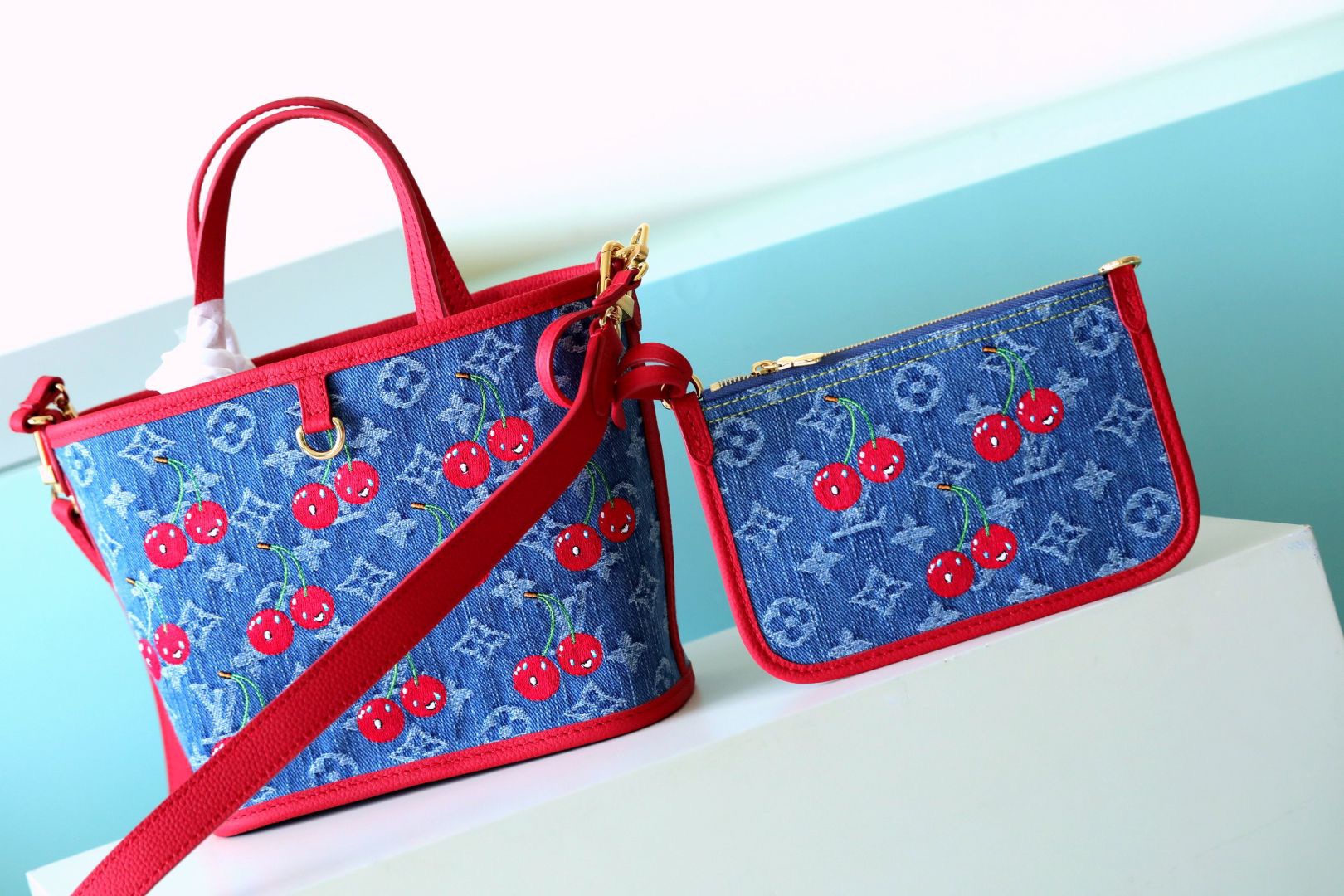 Louis Vuitton New Denim Cherry Embroidered Tote Bag M14997