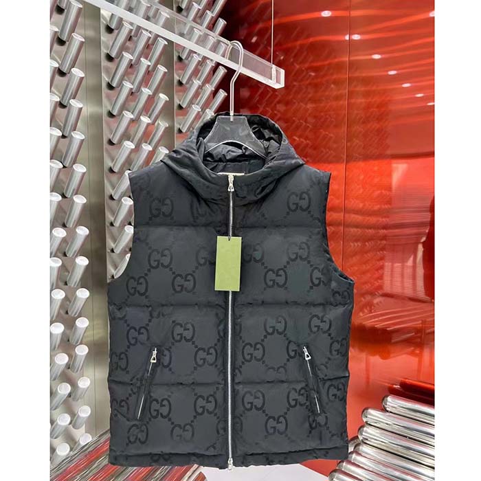 Gucci Men Jumbo GG Canvas Vest Padding Front Pockets Zip Closure Hood Zip Pocket