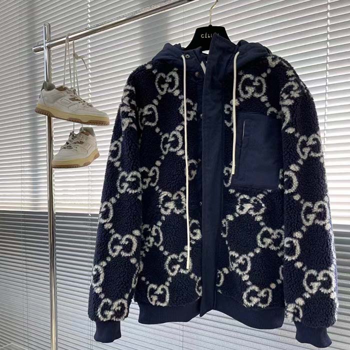 Gucci Men GG Fuzzy Fabric Jacquard Jacket Fixed Hood Drawstring Long Sleeves Front Patch Pocket