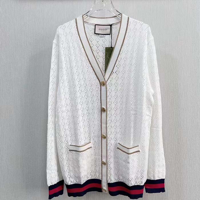 Gucci Men GG Cotton Cardigan Web Ivory G V-Neck Long Sleeves Button Closure