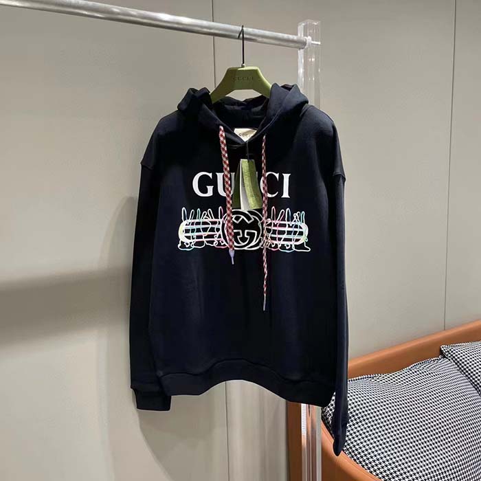 Gucci Men GG Cotton Jersey Sweatshirt Black Felted Long Sleeves Kangaroo Front Pocket