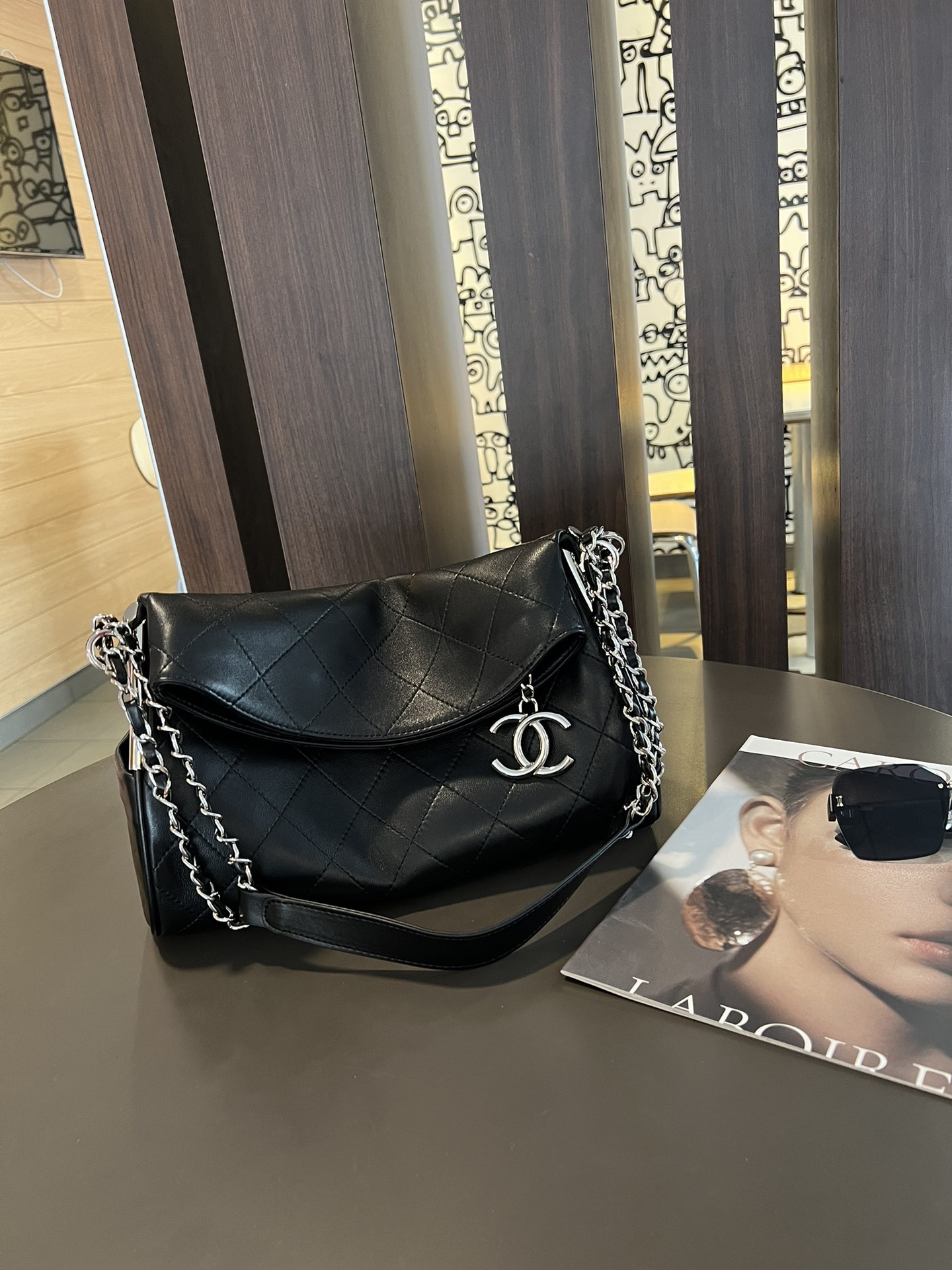 Chanel Black Silver External Stitching Hobo Shoulder Bag
