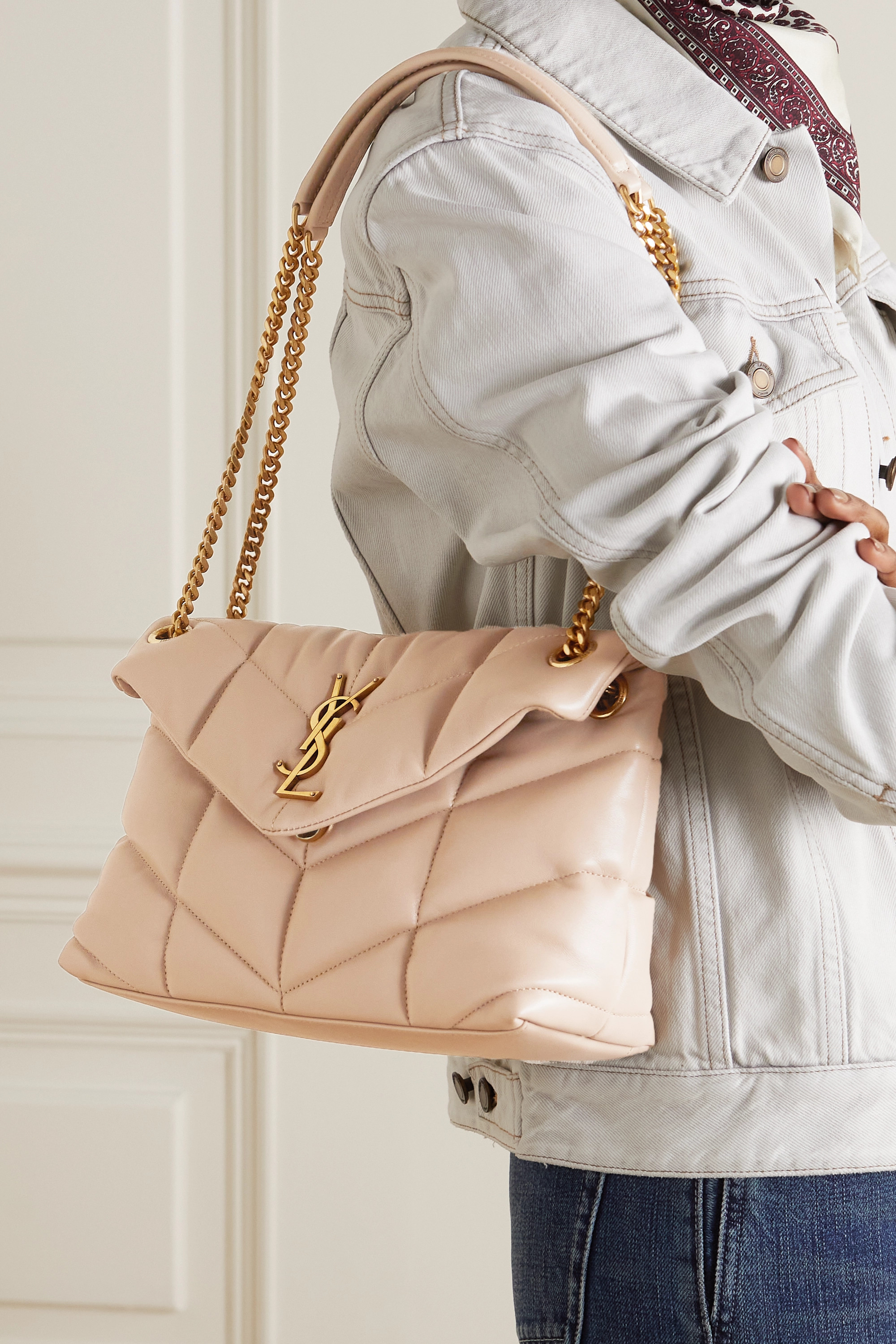 SAINT LAURENT Loulou Puffer small quilted leather shoulder bag beige