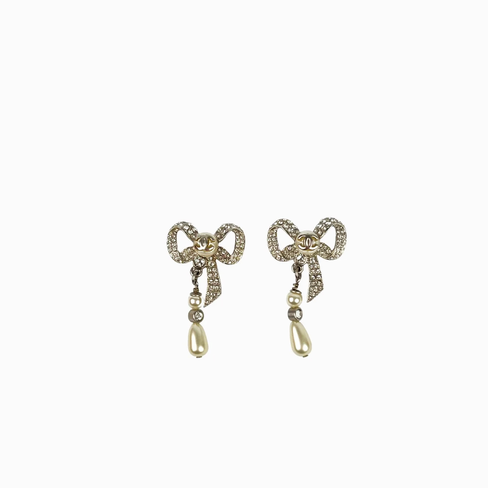 Chanel Ribbon Silver Stones Earrings