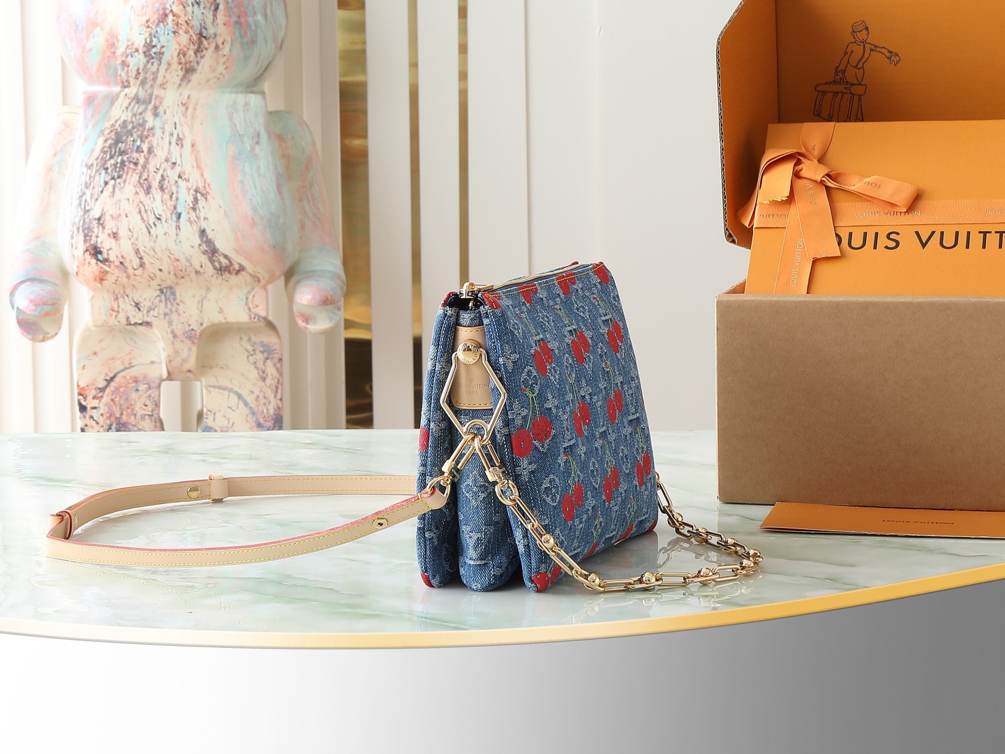 Louis Vuitton new denim cherry embroidery chain bag M14978