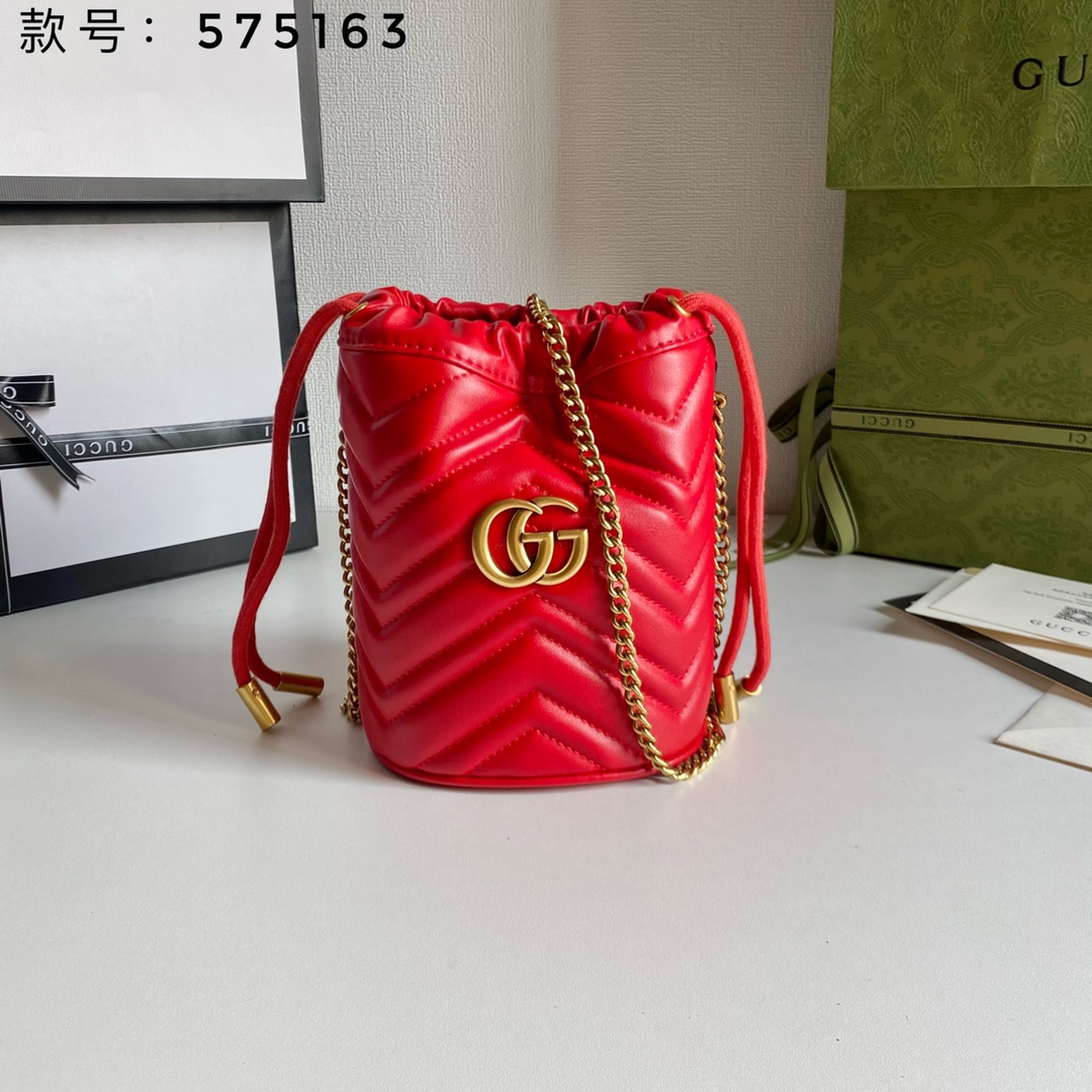 Gucci Marmont Drawstring Leather Bucket Bag