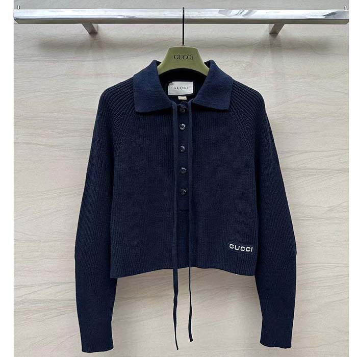 Gucci Men GG Chunky Rib Cotton Polo Top Knitted Label Raglan Long Sleeves