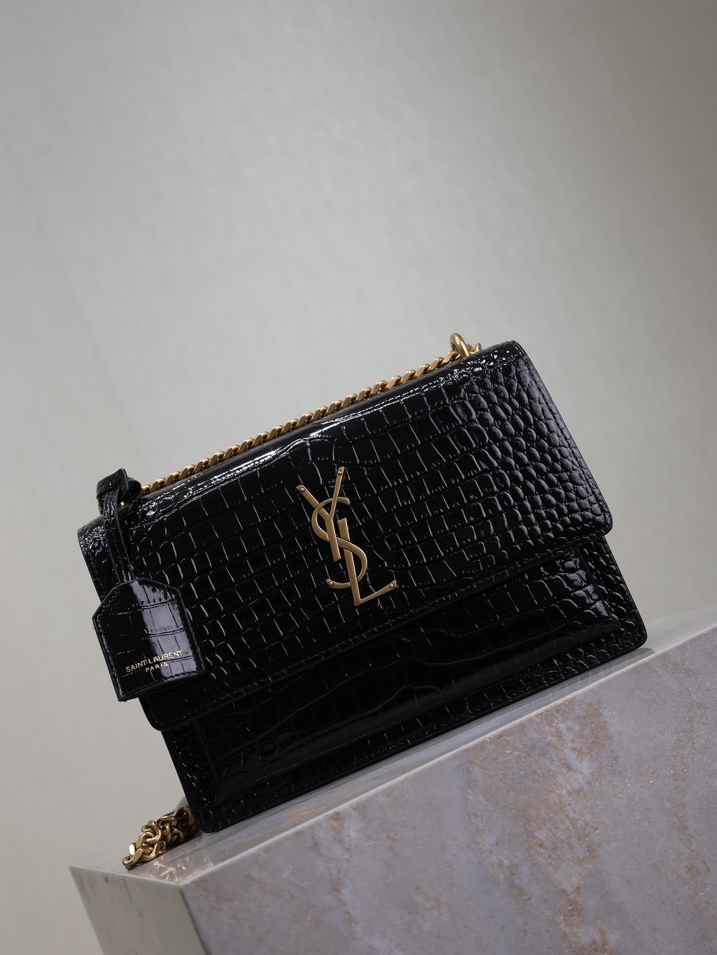 Saint Laurent Black Crocodile Pattern Chain Shoulder Bag