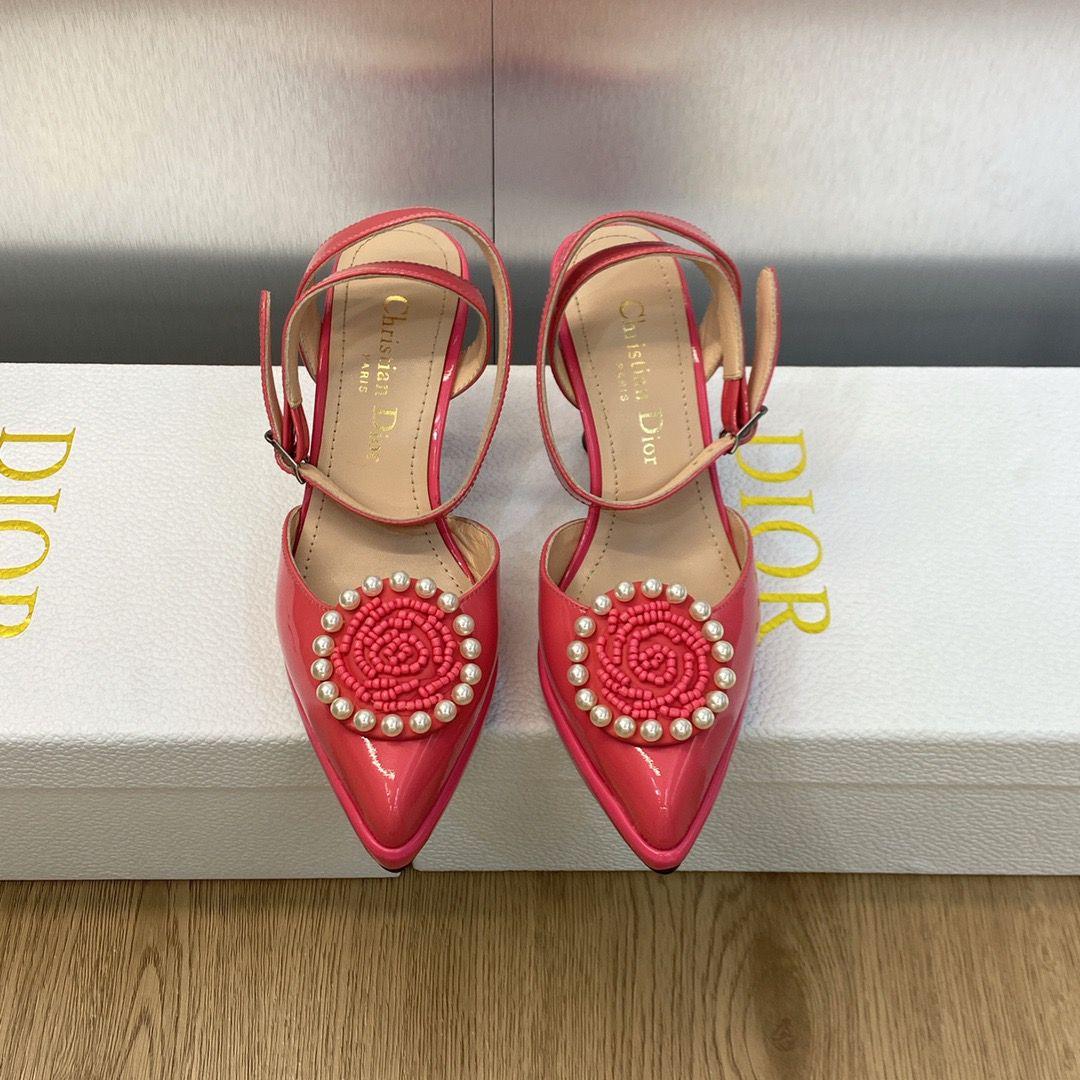 Dior Pearl Beading Flower Ankle Strap Slingbacks