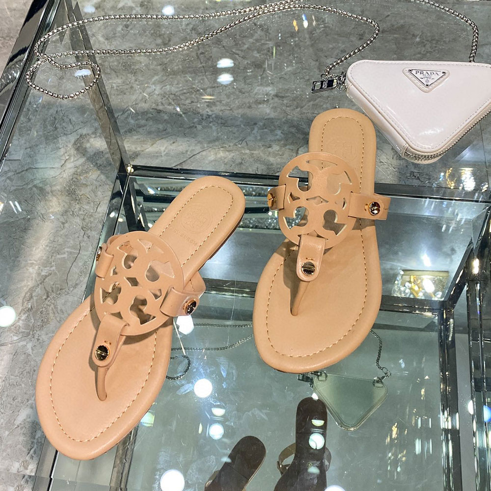 Tory Burch Leather Metal Double T Logo Flip-flops Sandals Slide