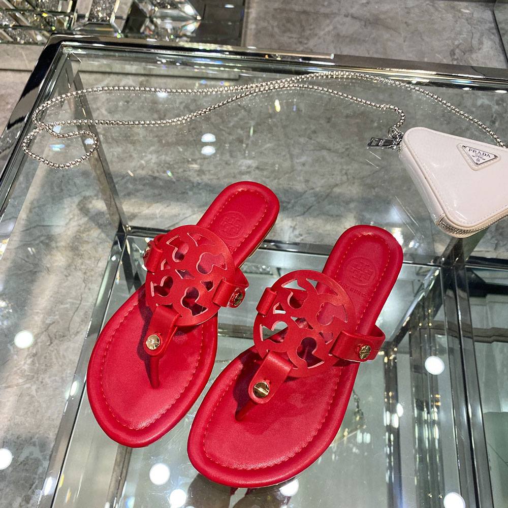 Tory Burch Leather Metal Double T Logo Flip-flops Sandals Slide