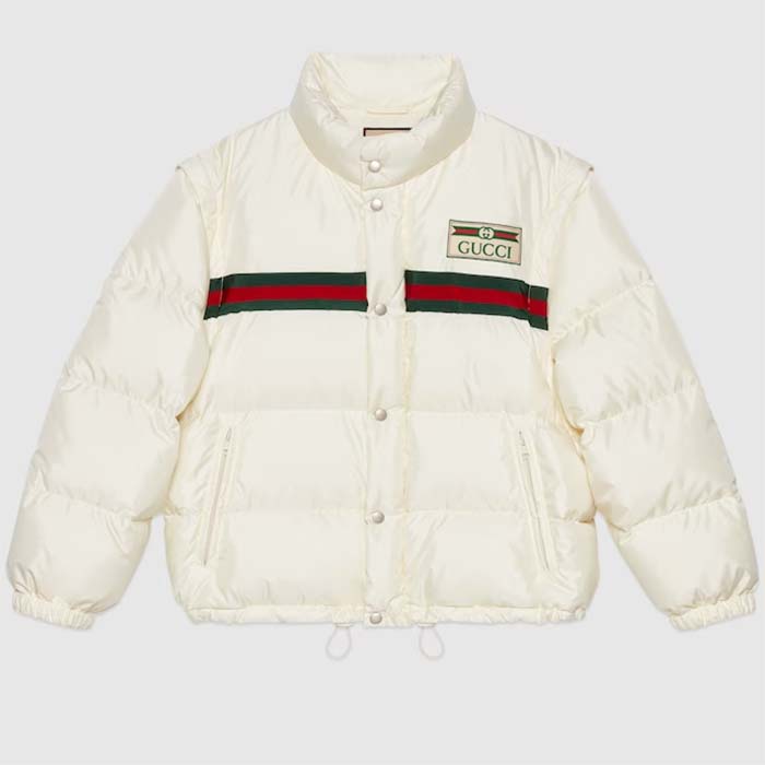Gucci Men GG Padded Nylon Bomber Jacket Web White Goose Down Detachable Sleeves High Neck