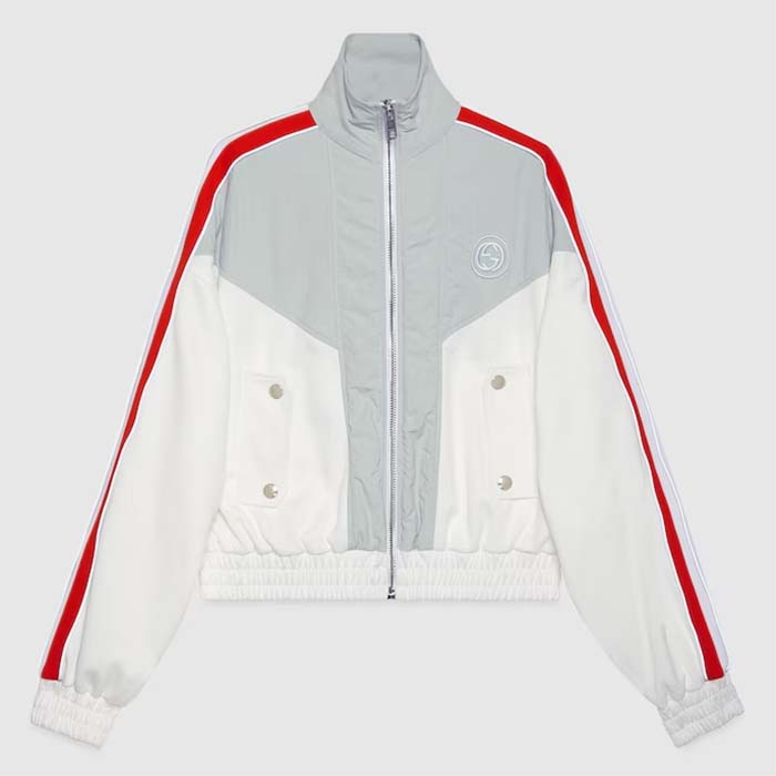 Gucci Men GG Technical Jersey Zip Sweatshirt Interlocking G Embroidered Patch High Neck Dropped Shoulder