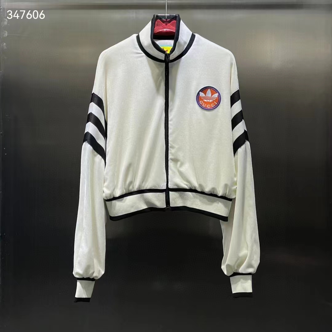 Gucci Men GG Adidas x Gucci Chenille Cropped Jacket Light Beige Cotton Chenille Trefoil
