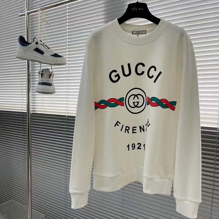 Gucci Men Cotton Gucci Firenze 1921 Hooded Sweatshirt White Jersey Long Sleeves
