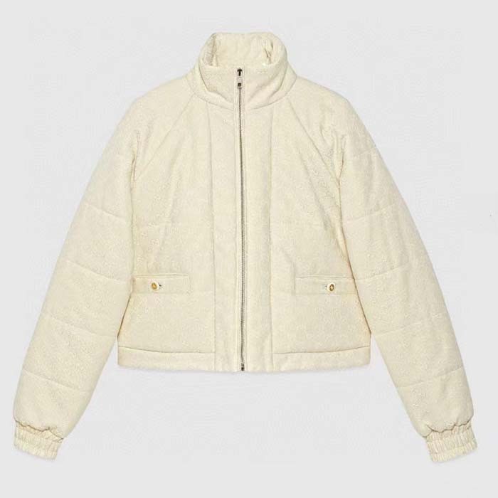 Gucci Men GG Canvas Bomber Jacket Cream Self-Covered Buttons Interlocking G Lined High Neck