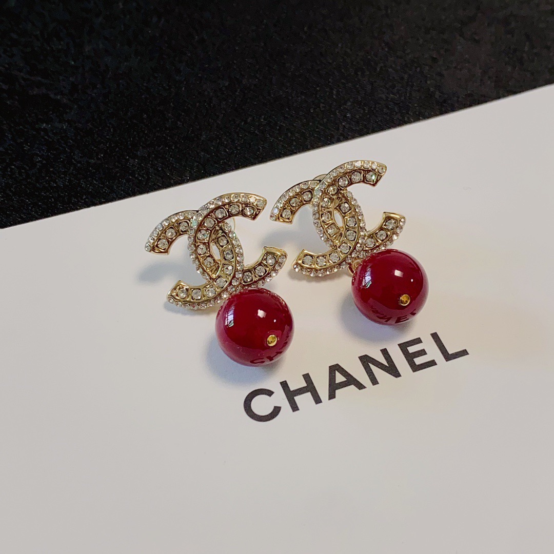 Chanel diamond red pearl pendant earrings