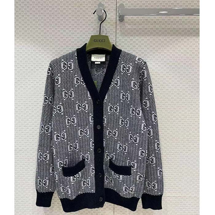 Gucci Men GG Wool Jacquard Cardigan Grey V-Neck Long Sleeves Front Pockets