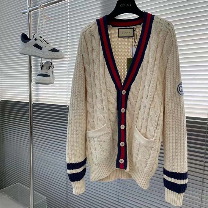 Gucci Men GG Cable Wool Knit Cardigan Web V-Neck Dropped Shoulder Two Front Pockets