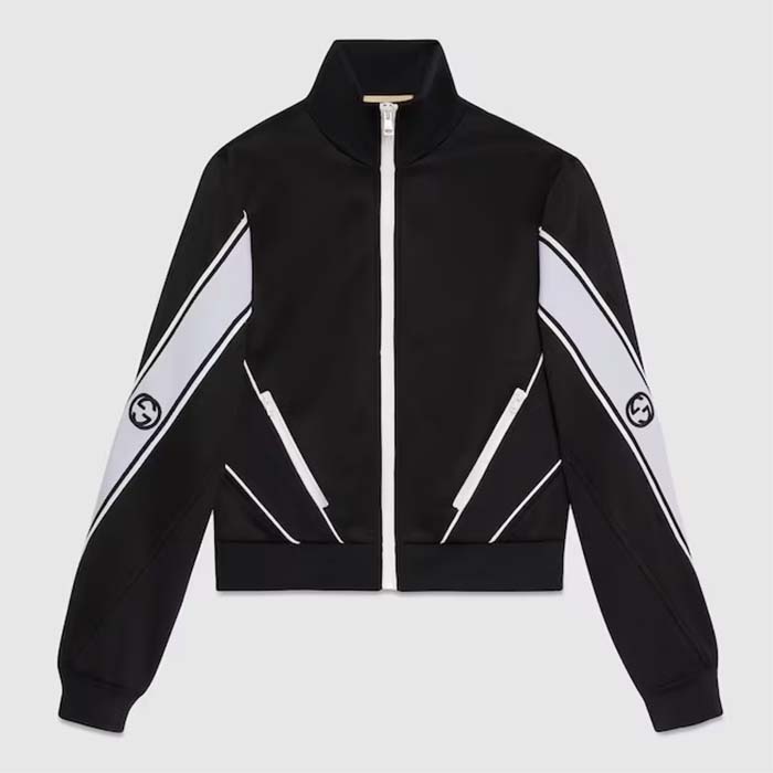 Gucci GG Men Cotton Jersey Zip Jacket Black Lightweight Felted Point Collar Long Sleeves