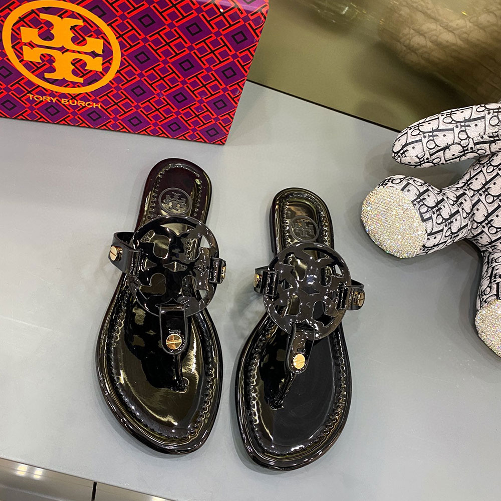 Tory Burch Leather Metal Double T Logo Flip-flops Sandals Slide