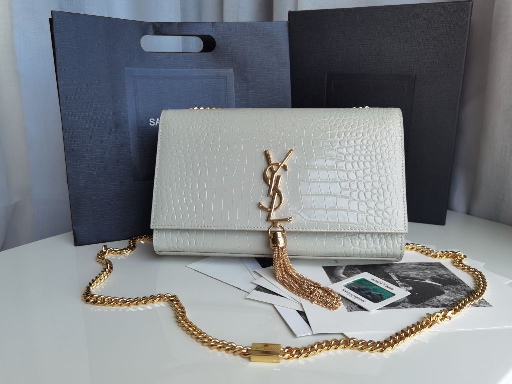 Saint Laurent YSL KATE medium bag in crocodile-embossed leather with tassels