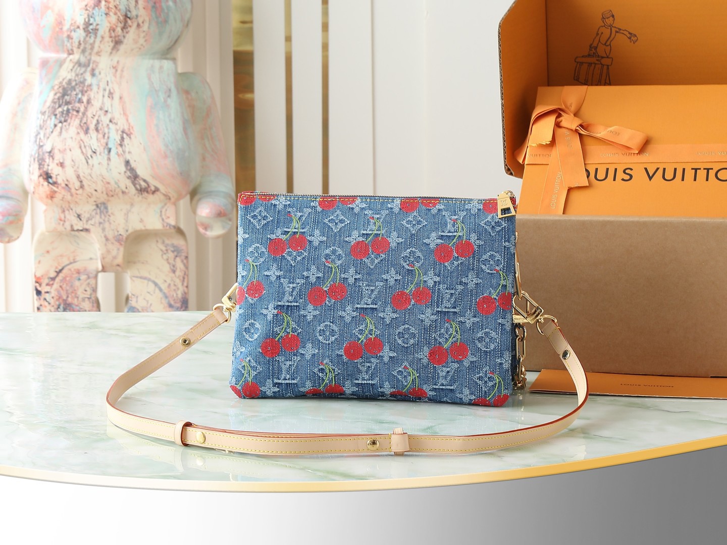 Louis Vuitton new denim cherry embroidery chain bag M14978