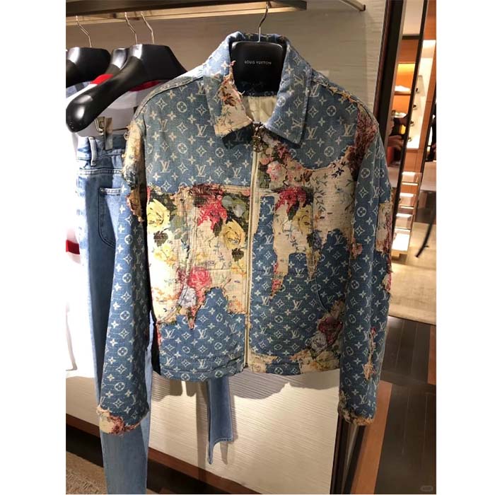 Louis Vuitton Men LV Monogram Flower Printed Blue Denim Jacket Regular Fit