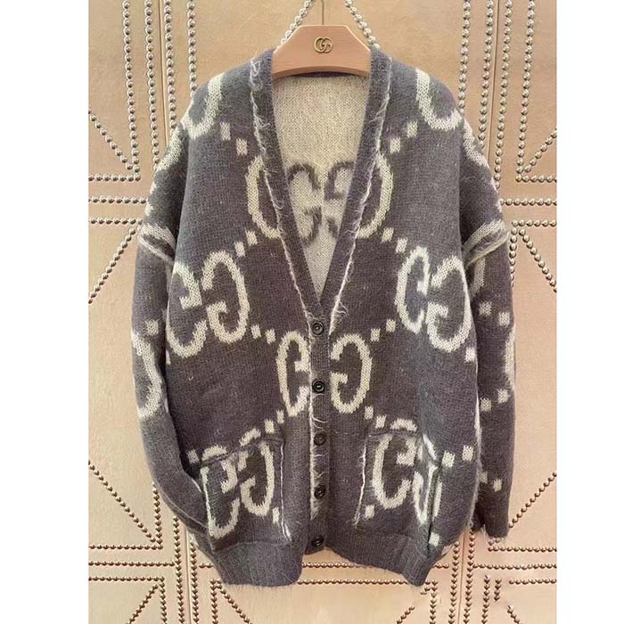 Gucci Men Reversible GG Mohair Cardigan Wool V-Neck Front Pockets