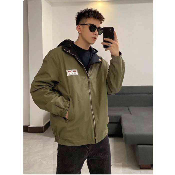 Gucci Men GG Lightweight Canvas Jacket Olive Green Nylon Interlocking G