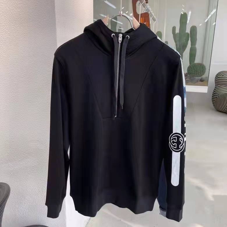 Gucci Men Logo Print Hooded Sweatshirt Black Heavy Felted Organic Cotton Jersey