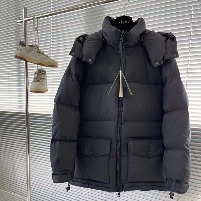 Gucci Men Nylon Down Jacket GG Iserts Black Canvas High Neck Velcro Cuffs Zip Closure