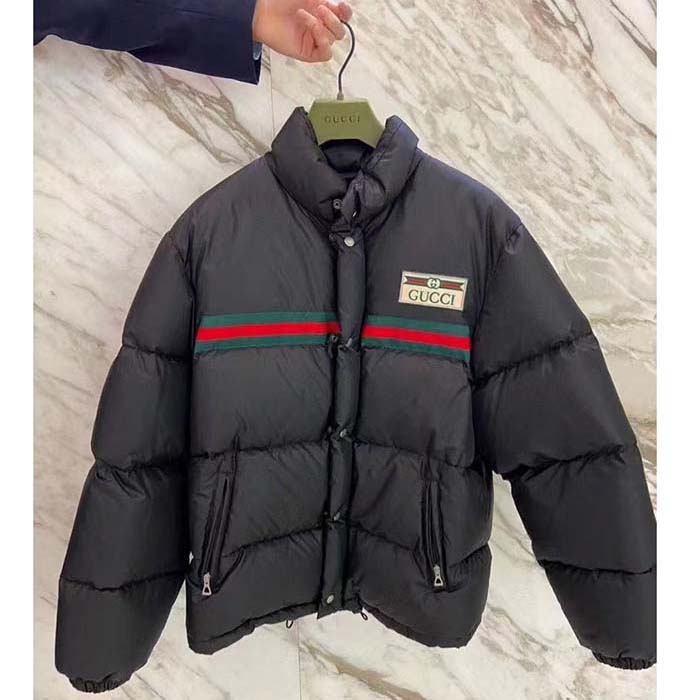 Gucci Men GG Water Repellant Down Jacket Black Water Nylon Satin Zip Front Zip Pockets