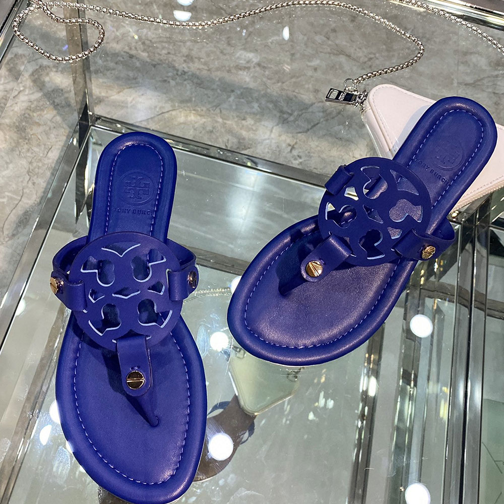 Tory Burch Leather Metal Double T Logo Flip-flops Sandals Slide