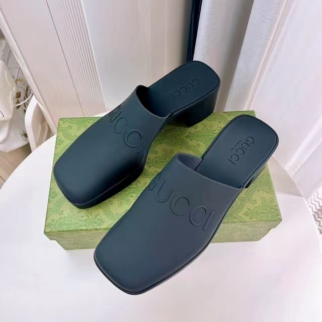 Gucci Shoes Open-Heel Bun Embossed Logo Chunky Heel Slide Sandal