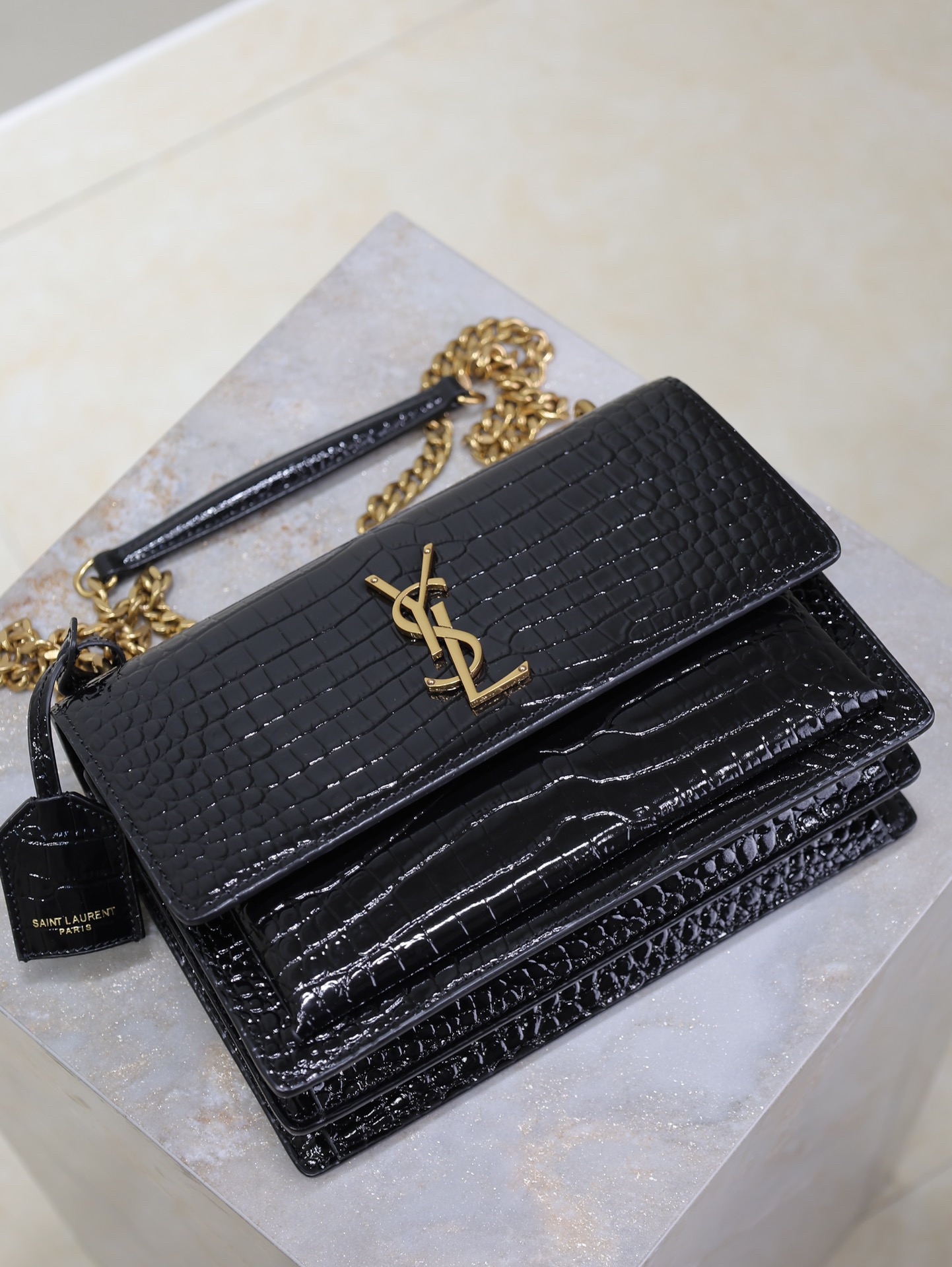 Saint Laurent Black Crocodile Pattern Chain Shoulder Bag