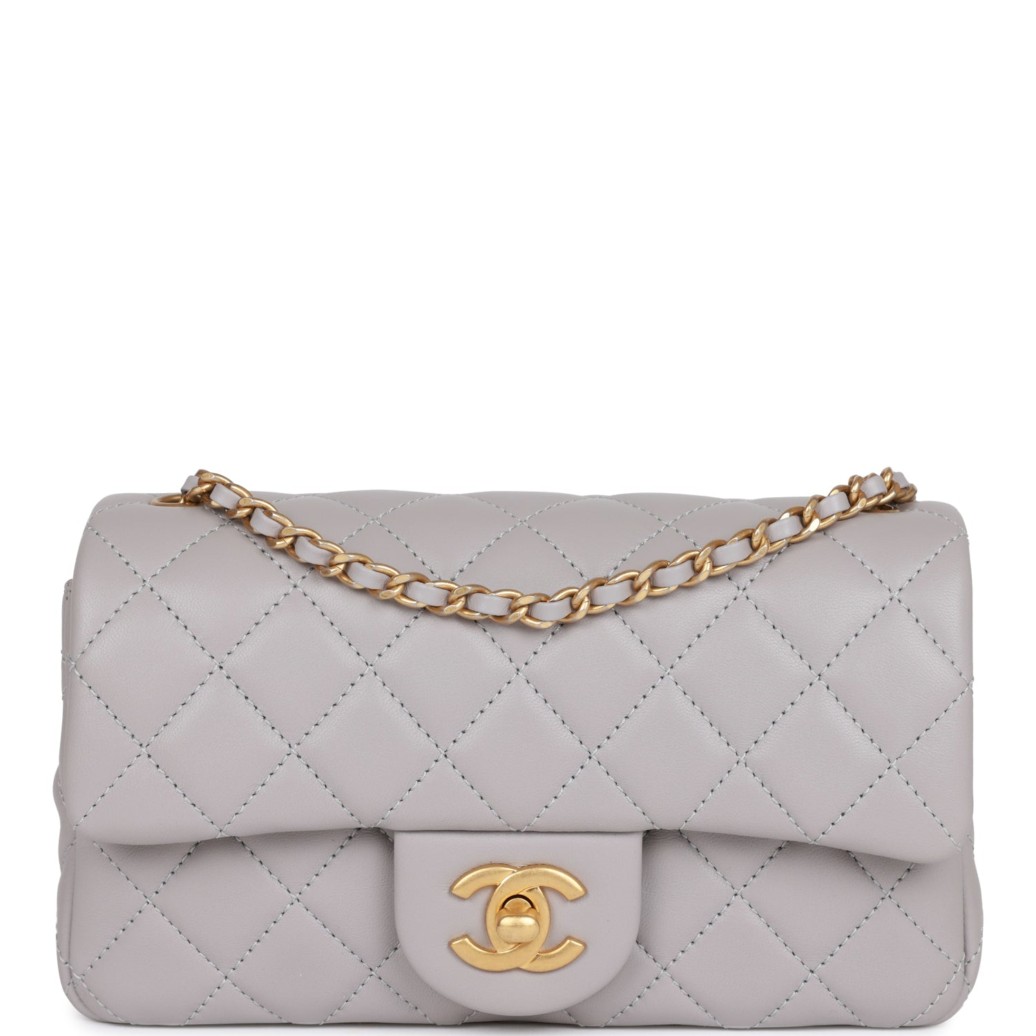 Chanel Classic Flag Bag Pearl Crush Mini Rectangular Flap Bag Light Grey Lambskin Antique Gold Hardware