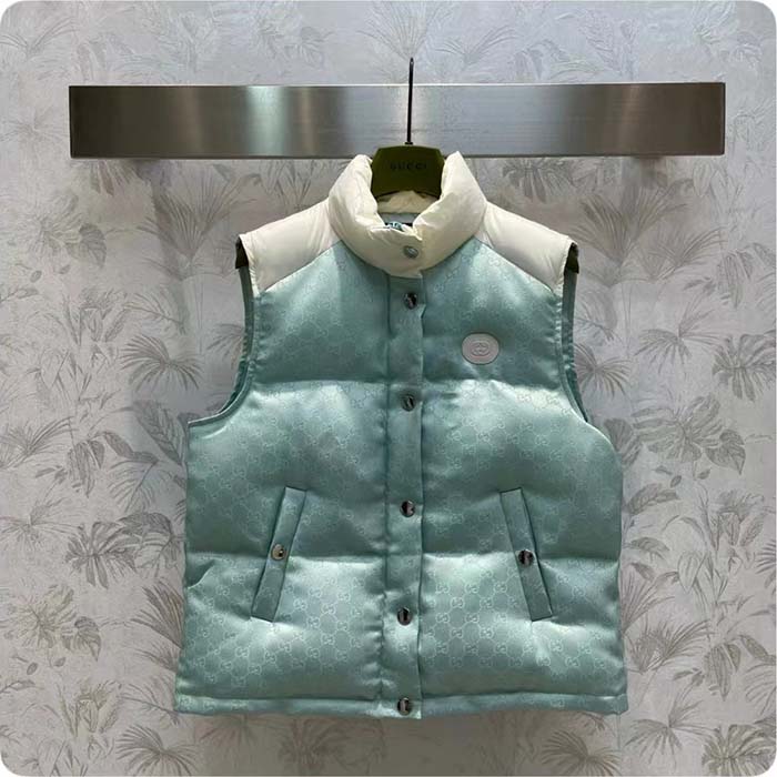Gucci Men GG Cotton Canvas Padded Gilet Light Blue High Neck Interlocking G Sleeveless