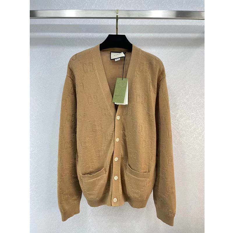 Gucci Men GG Wool Cardigan Beige V-Neck Collar Two Front Pockets