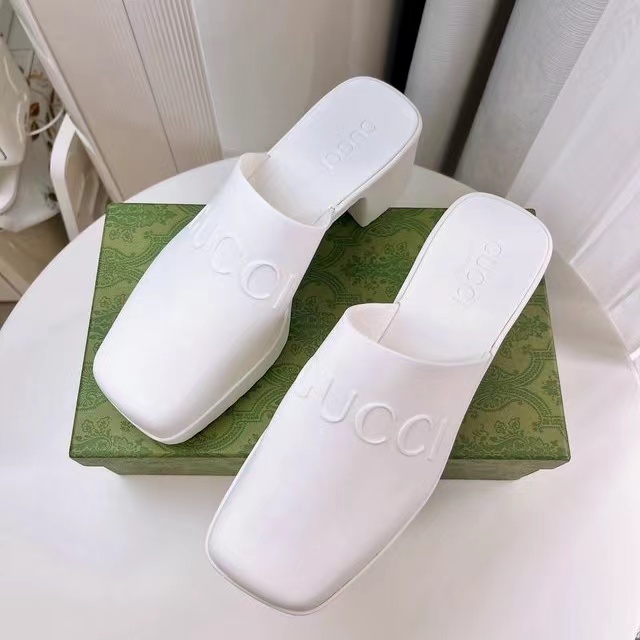 Gucci Shoes Open-Heel Bun Embossed Logo Chunky Heel Slide Sandal
