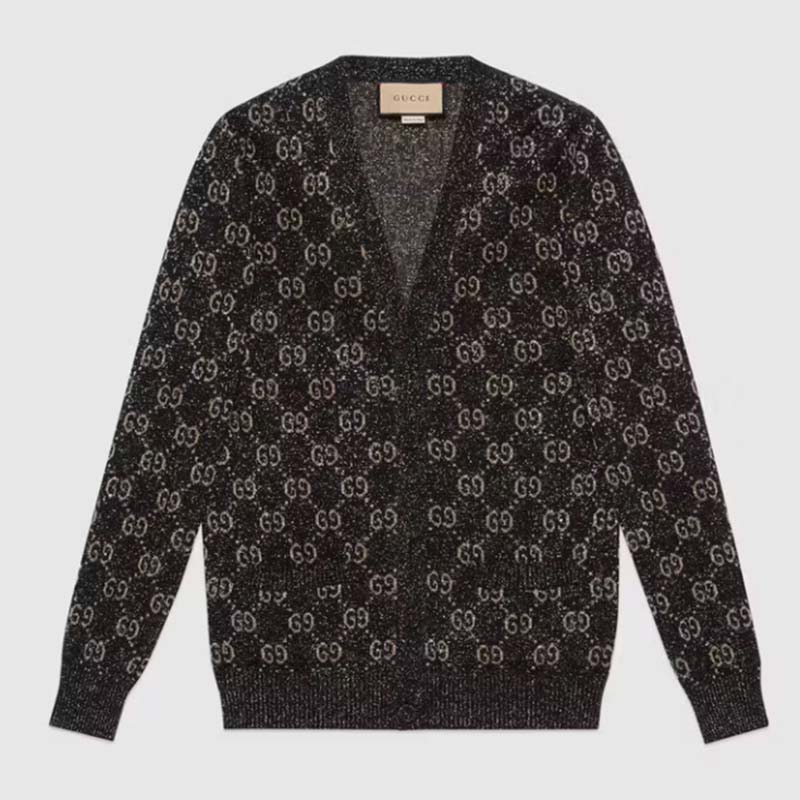 Gucci Men Lamé GG Jacquard Cardigan Black Beige Fine Cotton
