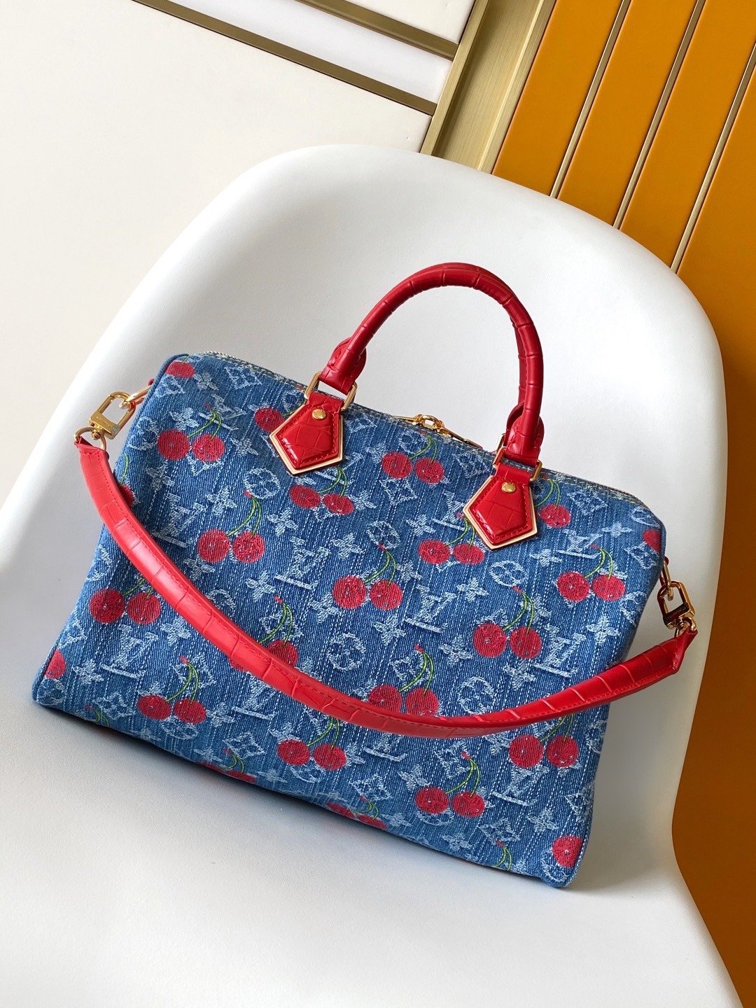 Louis Vuitton new denim cherry embroidered travel bag N87627