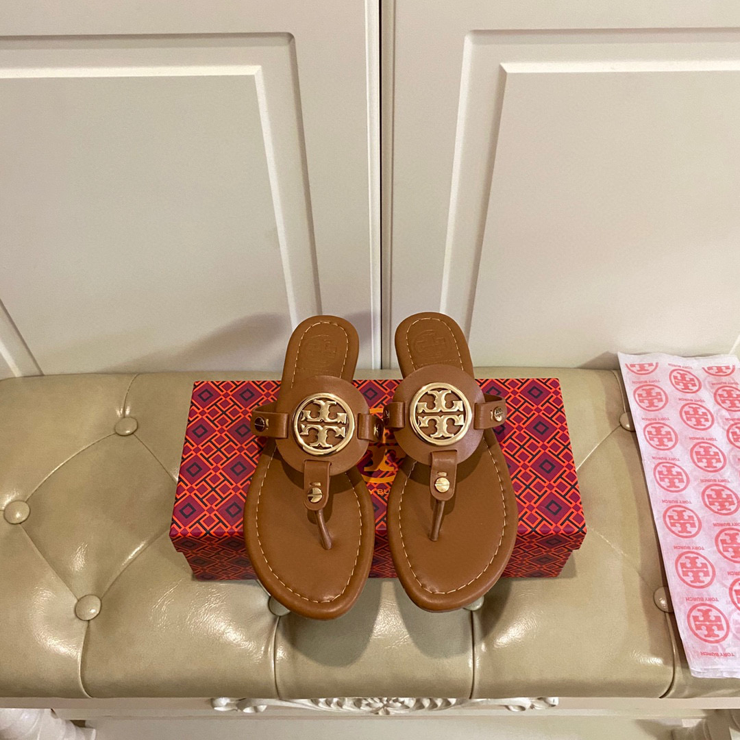 Tory Burch Leather Metal Logo Flip-flops Sandals Slide