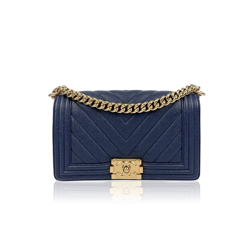 Chanel Boy Old Medium Chevron Caviar Navy Blue CHW