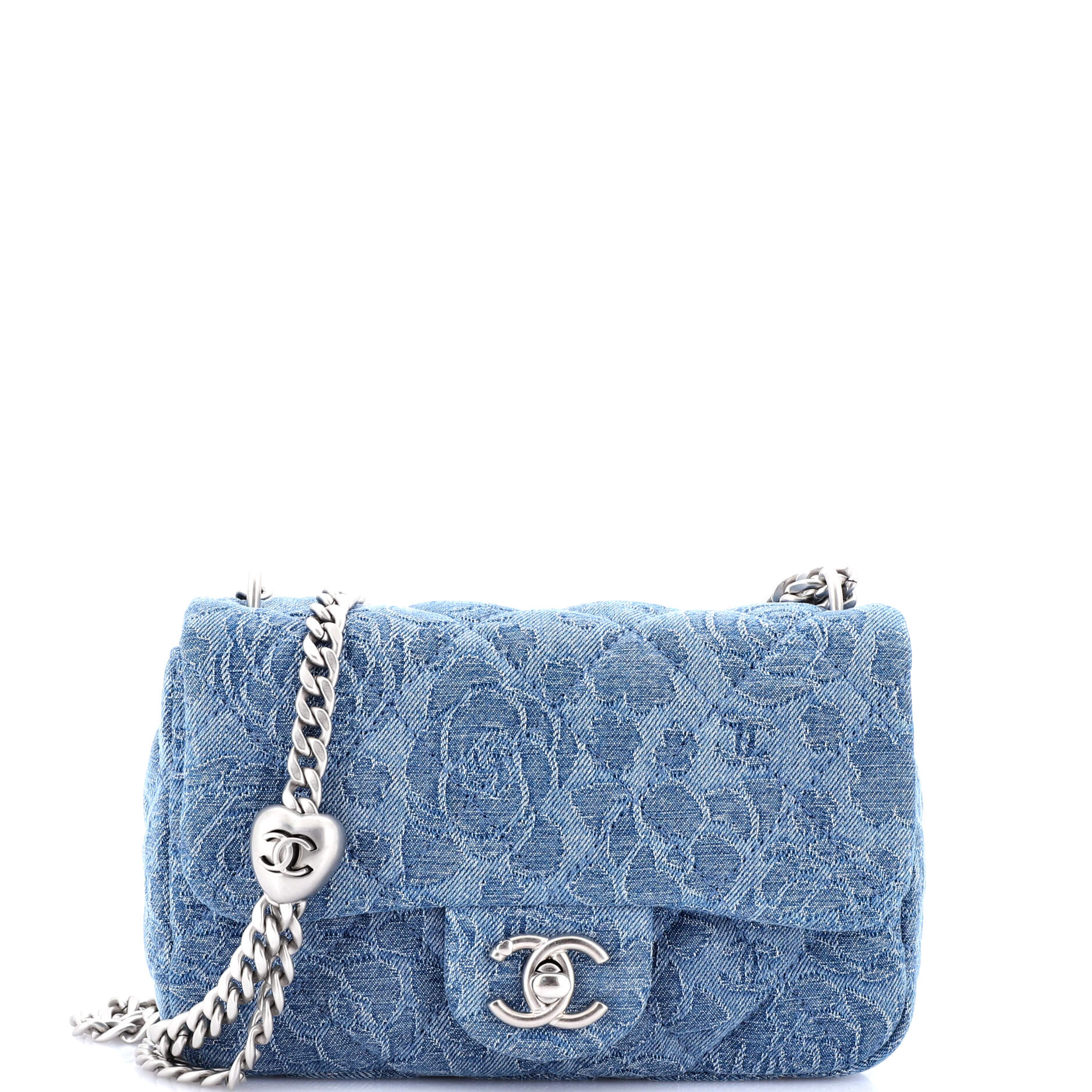 Chanel Sweet Heart Chain Square Flap Bag Quilted Camellia Denim Mini
