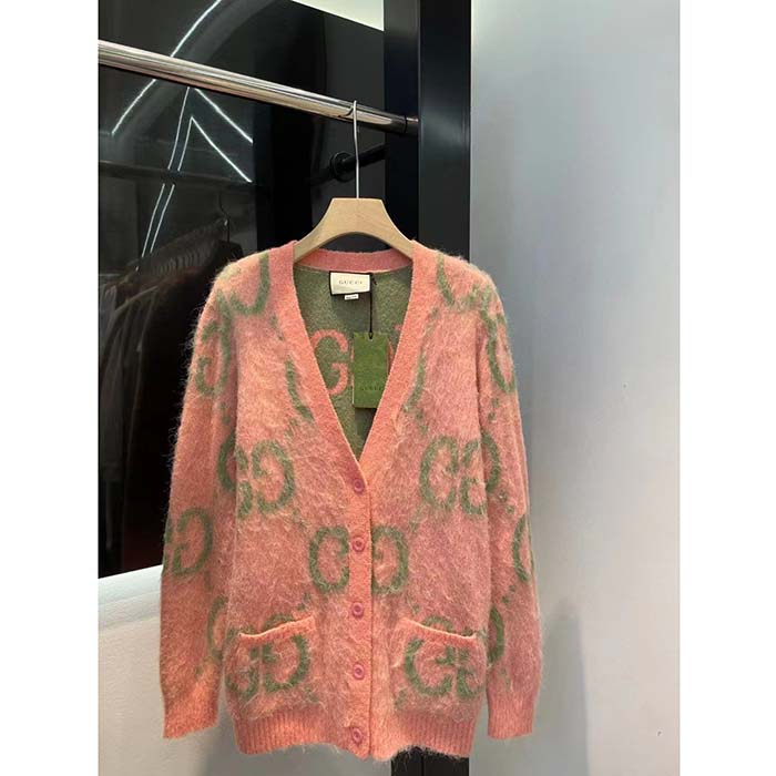 Gucci Men Reversible GG Mohair Cardigan Light Green Pink Brushed Jacquard Wool V-Neck