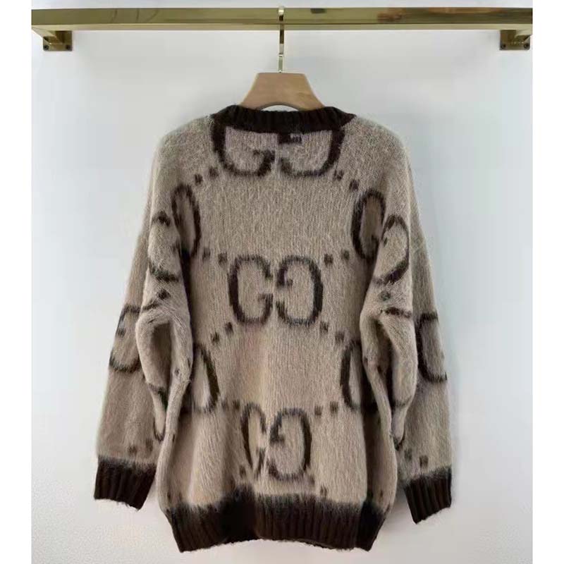 Gucci Men GG Mohair Wool V-Neck Sweater Beige Brown