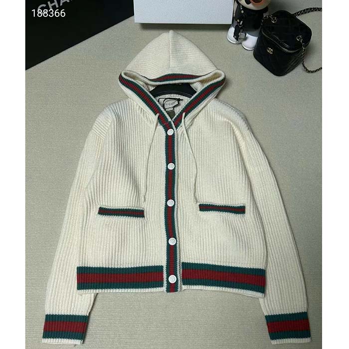 Gucci Men Rib Stitch Wool Cardigan Web Fixed Hood Drawstring Dropped Shoulder Long Sleeves