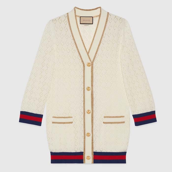 Gucci Men GG Cotton Cardigan Web Ivory G V-Neck Long Sleeves Button Closure
